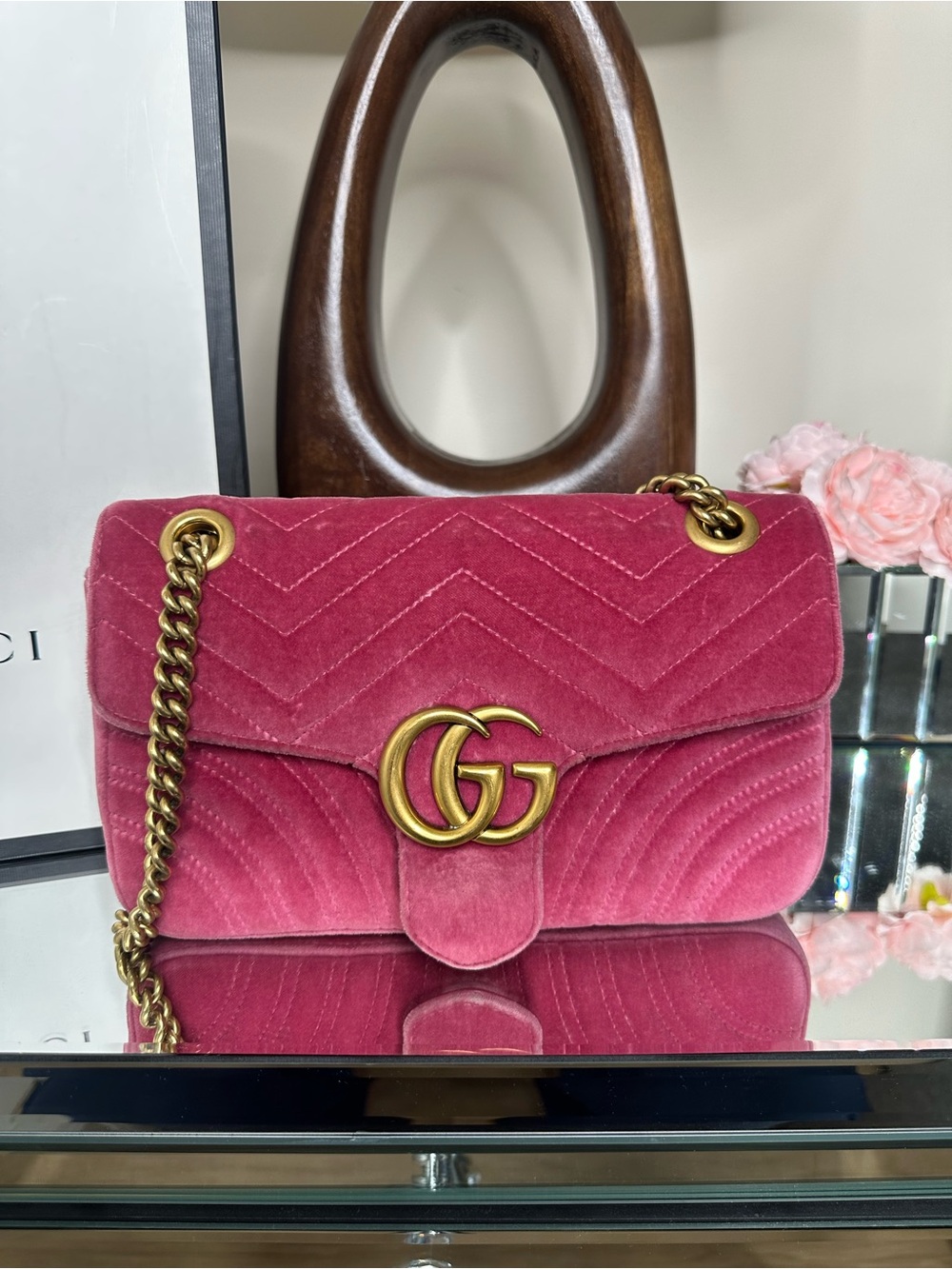 Small Gucci Pink Velvet Shoulder Bag with Gold Chain